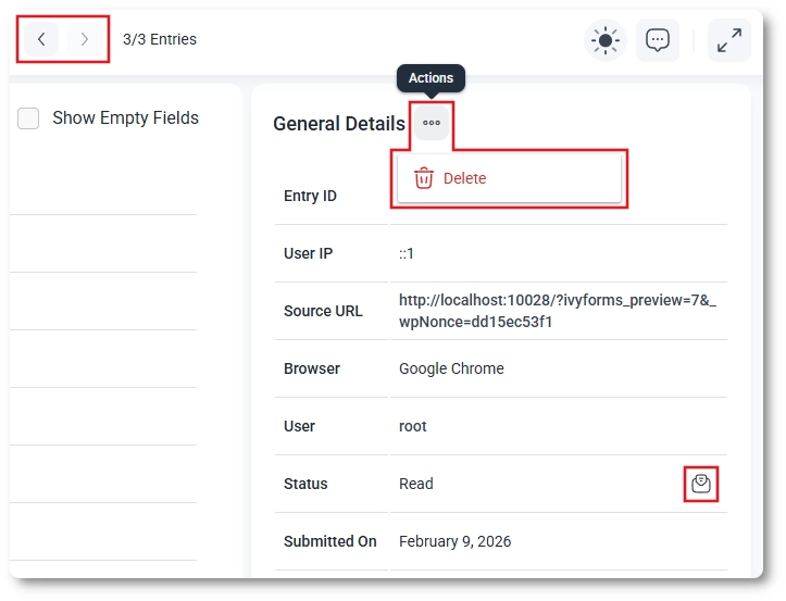 Entry details view header showing navigation controls and entry actions
