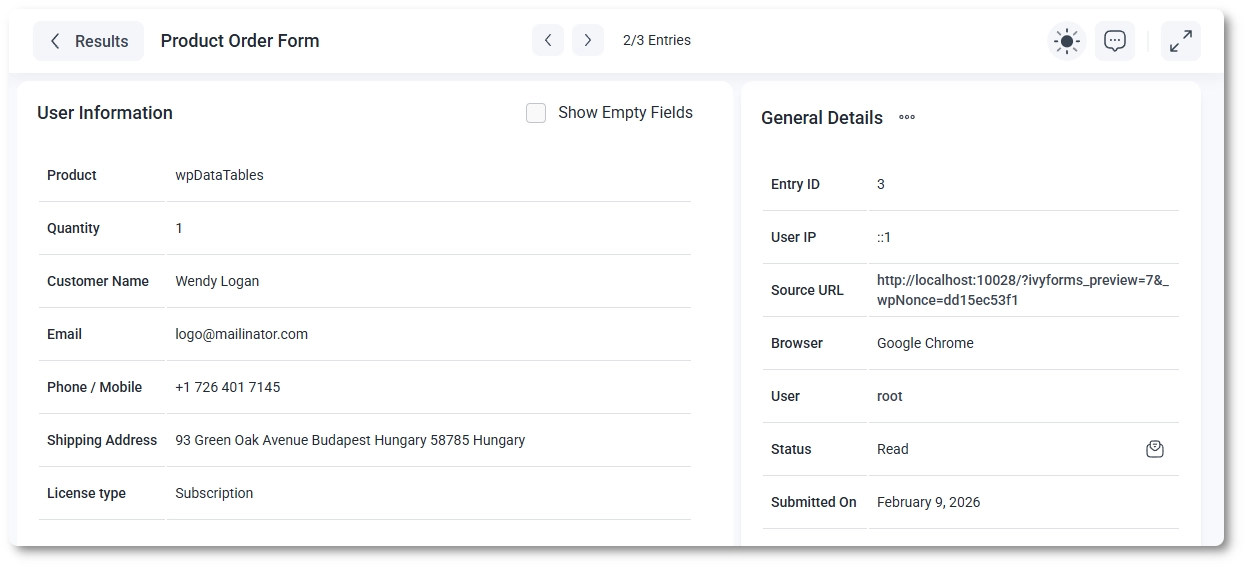 Entry details view showing submitted form data on the left and general entry information on the right