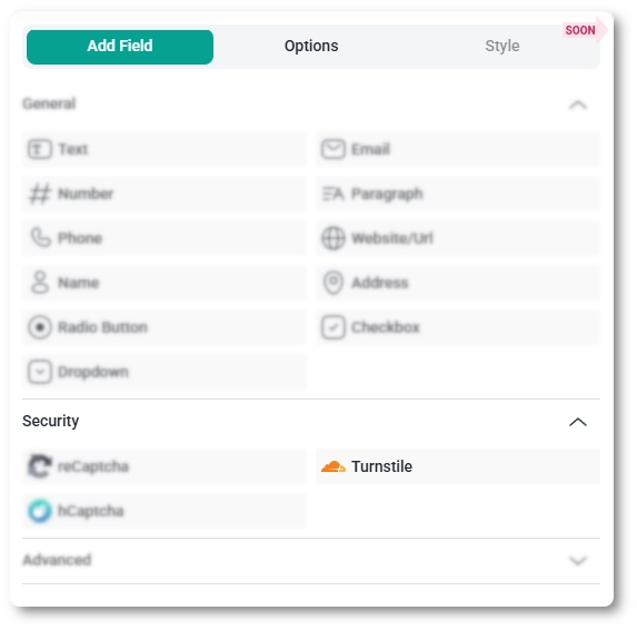 IvyForms field list with the Turnstile field highlighted inside the Security fields group.