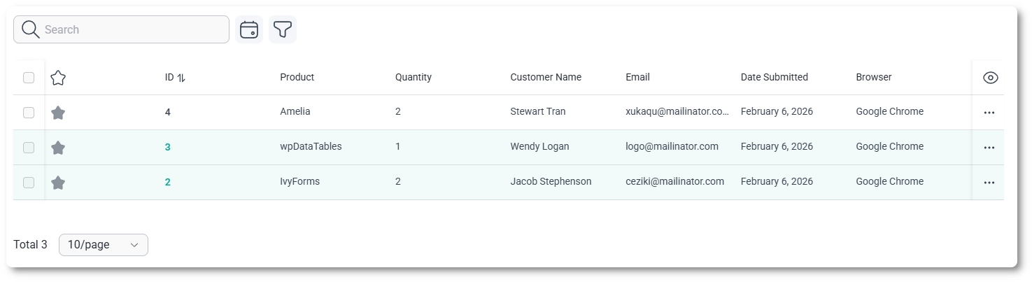 Entries list showing submissions for a specific IvyForms form