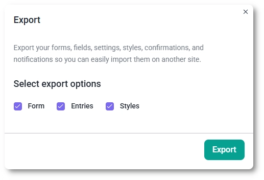 The form export modal in IvyForms showing the available Export options