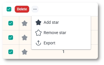 Bulk actions menu on the IvyForms forms list showing Add star, Remove star, and Export