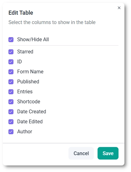 Column visibility settings for the IvyForms forms list