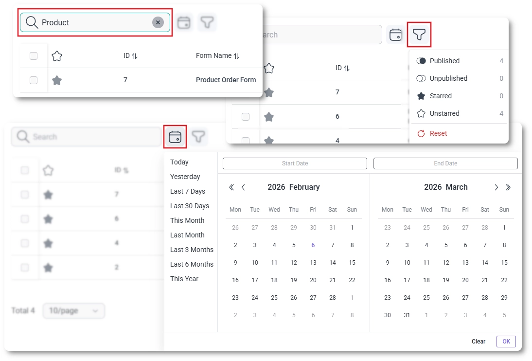 Search, date, and filter controls on the IvyForms forms list