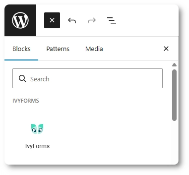 Gutenberg block inserter showing the IvyForms block
