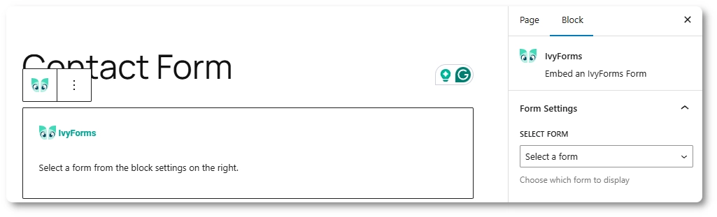 IvyForms Gutenberg block placeholder asking to select a form