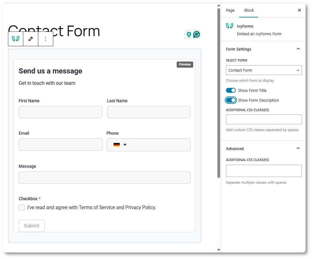 Live preview of an IvyForms form embedded in the Gutenberg editor with the settings on the right