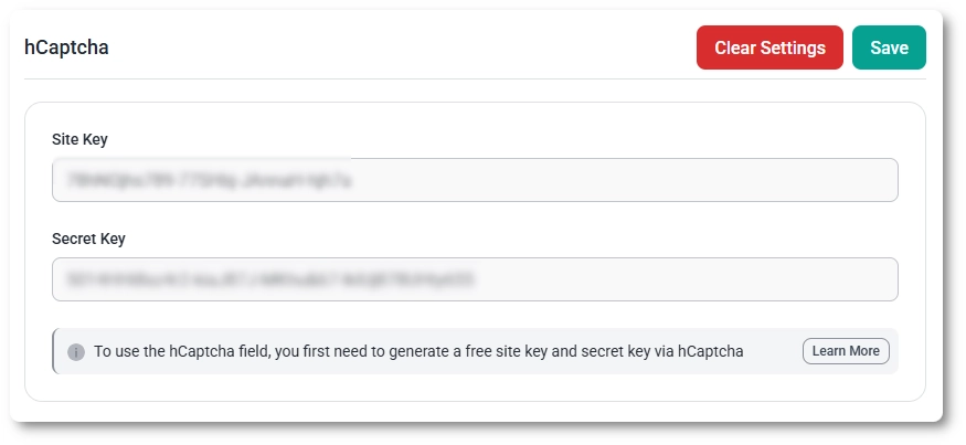 hCaptcha site key and secret key fields in IvyForms settings.
