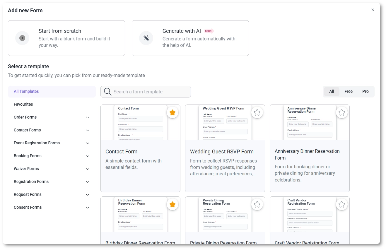 Popup in IvyForms offering options to start from scratch, use a template, or generate with AI.