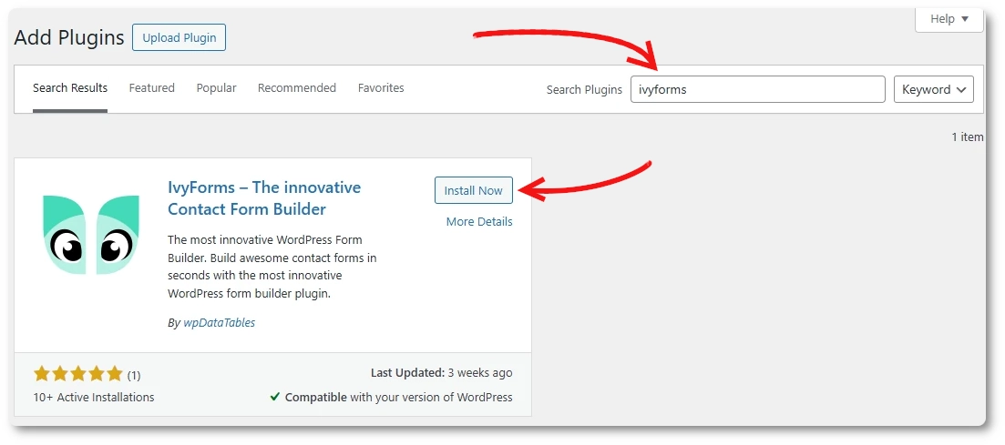 WordPress Plugin Directory showing IvyForms plugin found by searching IvyForms.