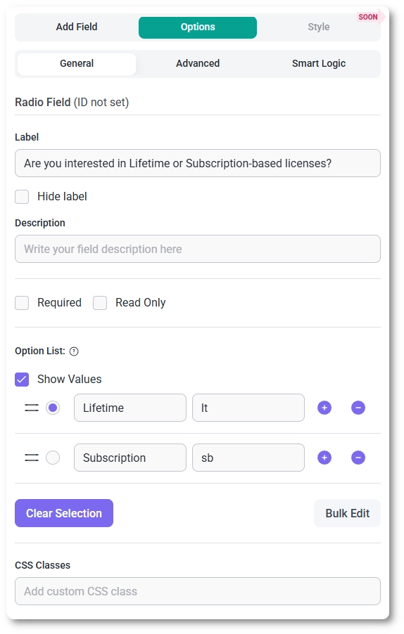 General options for the Radio Button field in IvyForms showing label, description, required, option list, show values, shuffle options, and CSS classes.