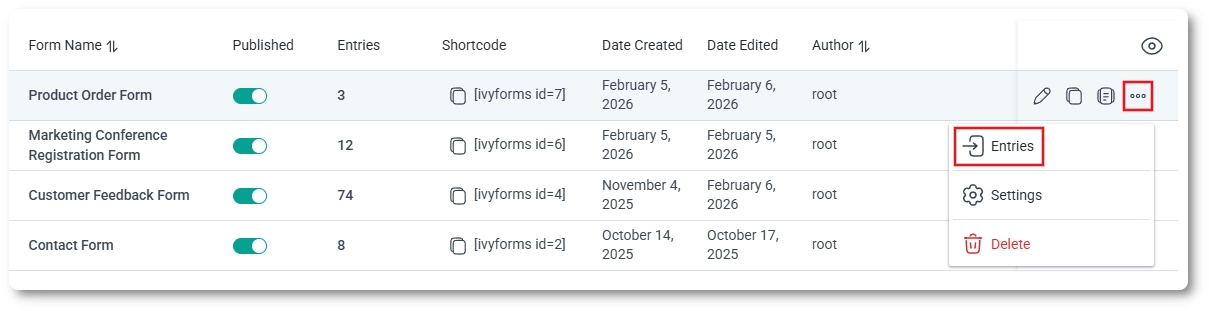 Form row actions menu in IvyForms showing the Entries option.