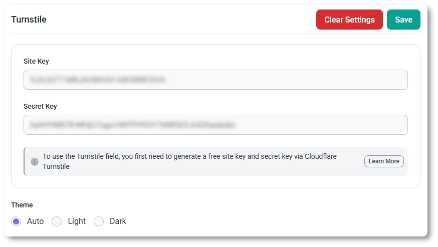 Cloudflare Turnstile site key, secret key, and theme options in IvyForms settings.