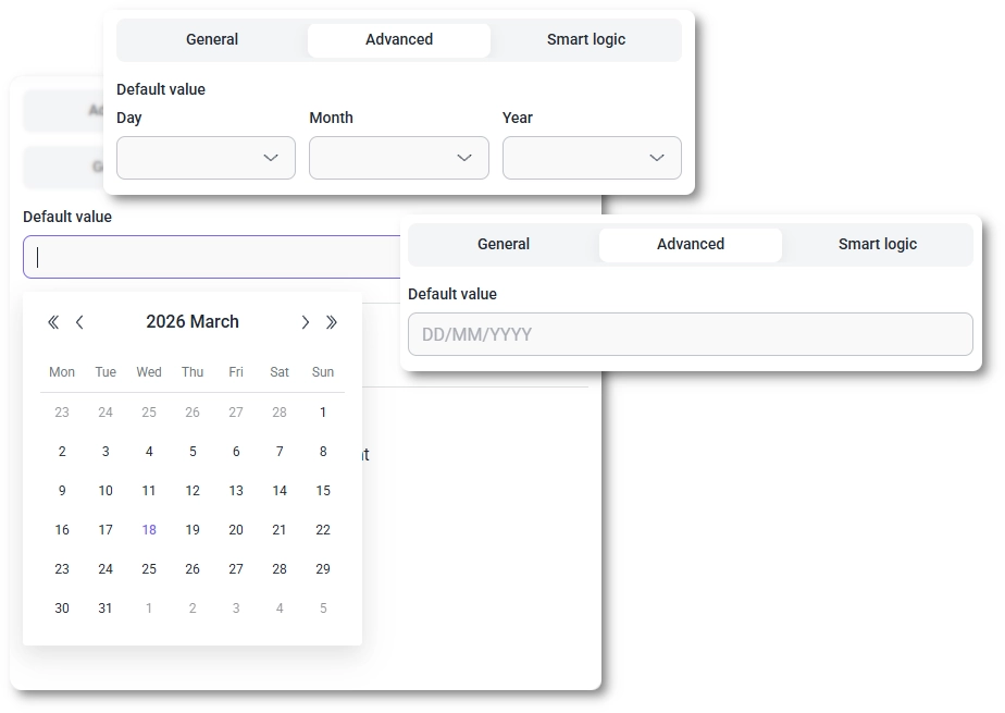 Available Default values for date input, depending on the date entry type.