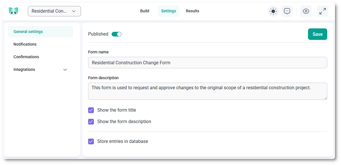 IvyForms settings tab with general settings, notifications, confirmations, and integrations