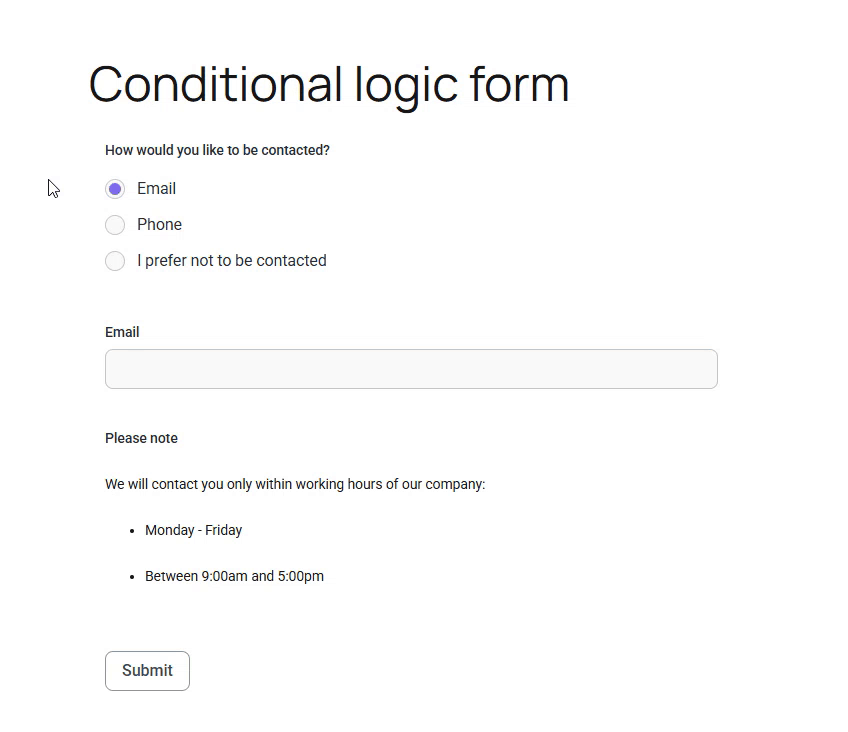 IvyForms conditional logic dynamically showing and hiding fields based on user selection