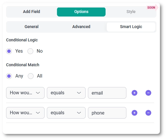 IvyForms conditional logic with multiple rules using Any or All matching