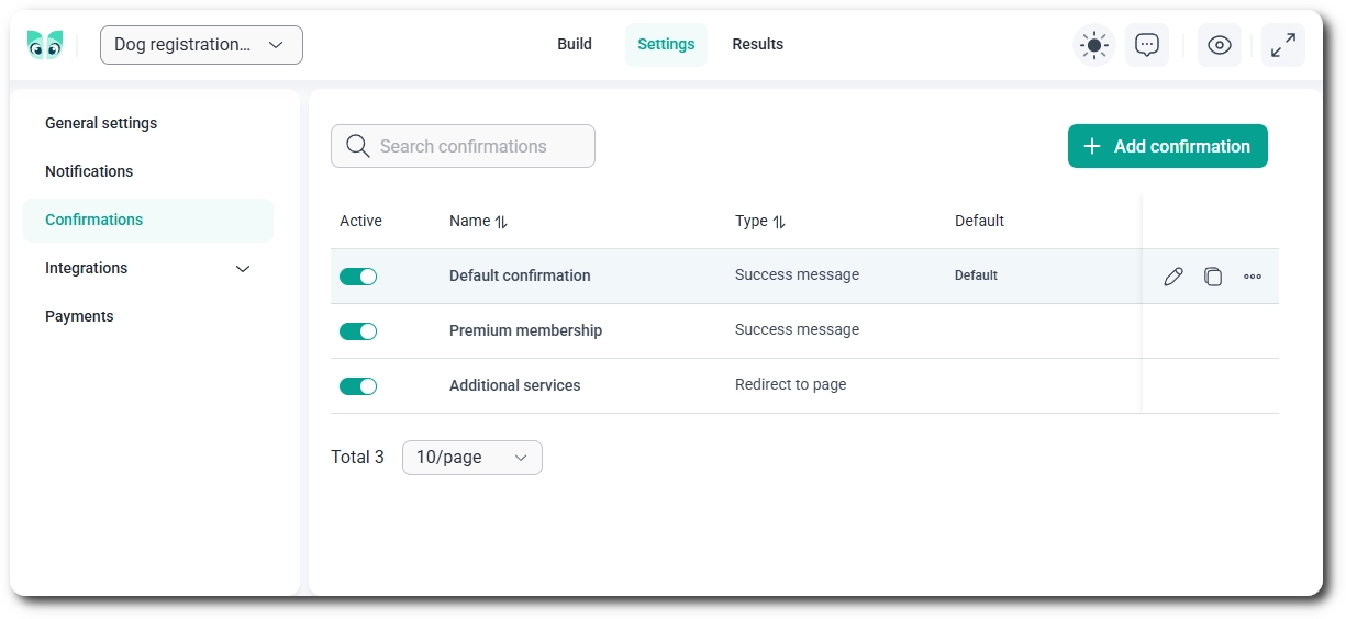 Confirmations list in IvyForms form settings showing the default confirmation