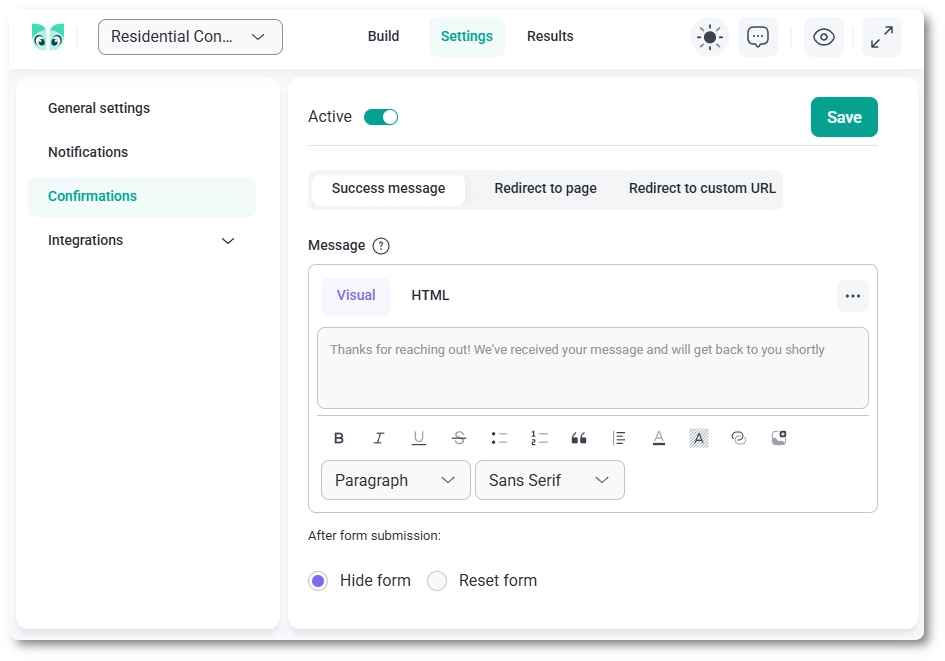 IvyForms confirmations tab with success message, redirect options, and editor
