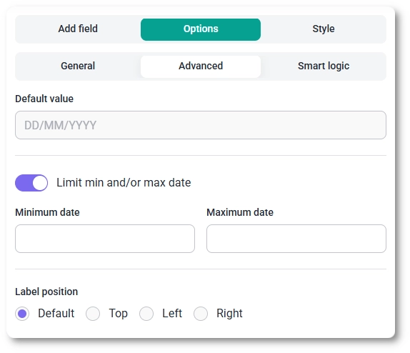 Advanced options for the Date field in IvyForms showing default value, minimum date, maximum date, and label position.
