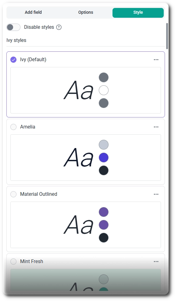 Style tab in IvyForms with the Disable styles toggle off and the style list visible