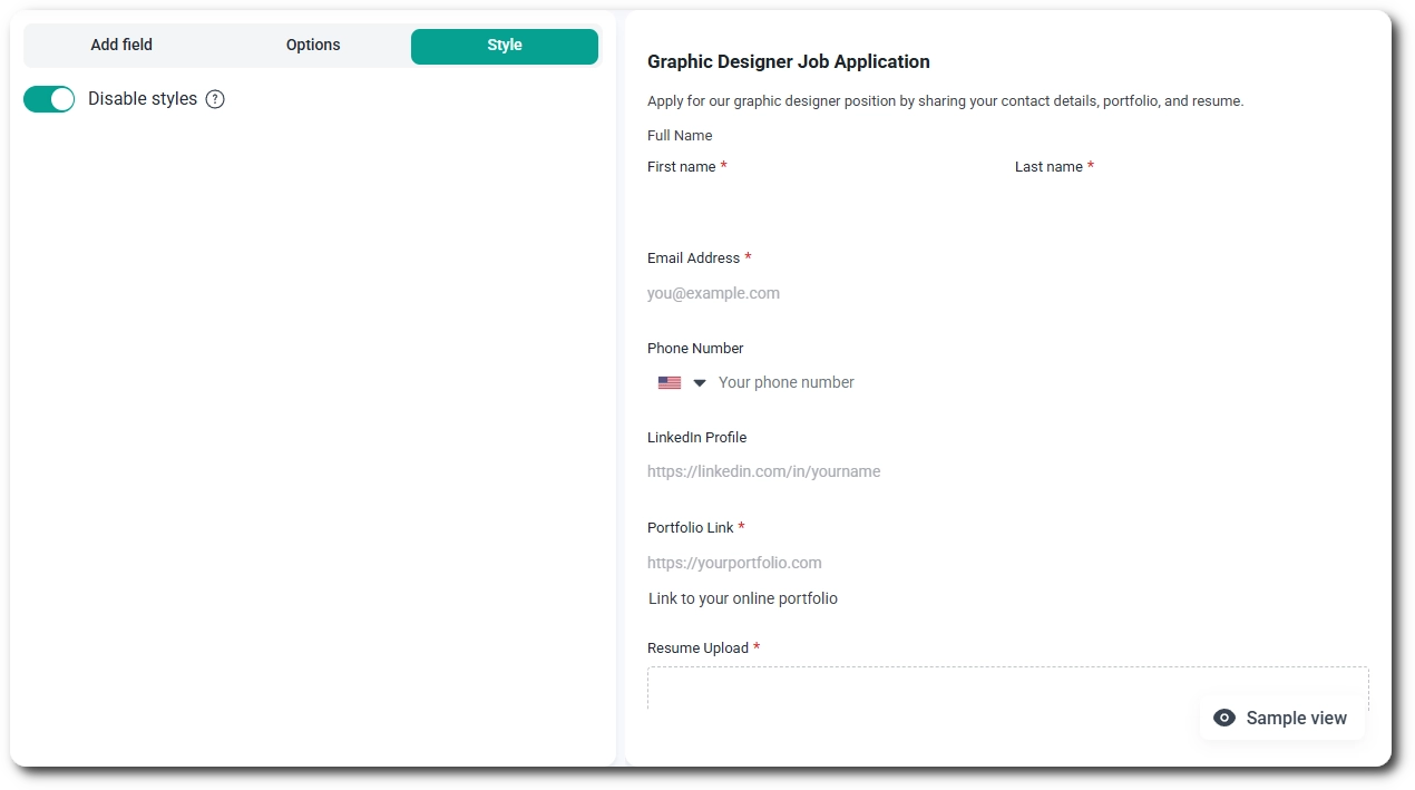 Disable styles toggle turned on in the IvyForms Style tab, with the style list hidden