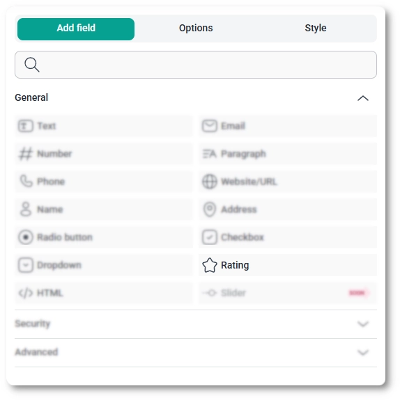 IvyForms field list with the Rating field highlighted and other fields grayed out in the panel