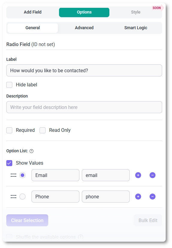 IvyForms option values used for conditional logic rules