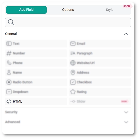 IvyForms field list with HTML field active and other fields grayed out
