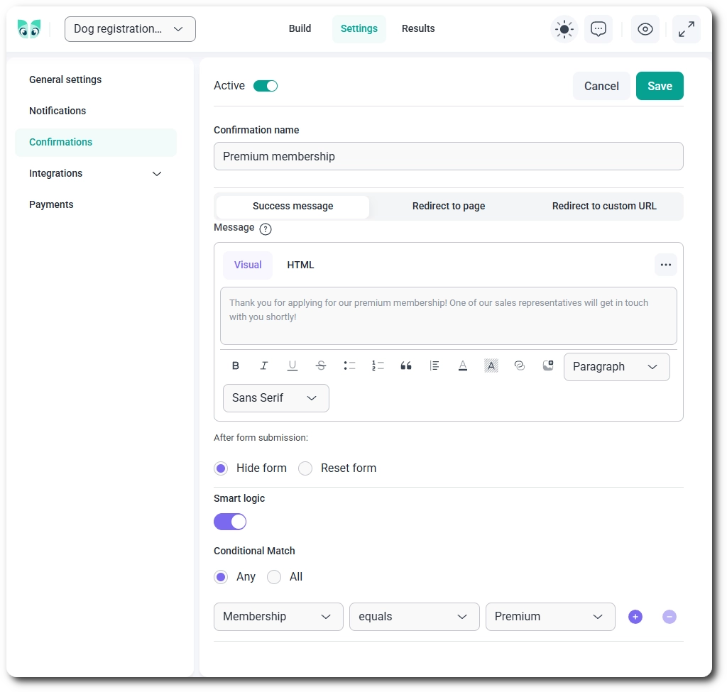 New confirmation editor in IvyForms with the three confirmation types
