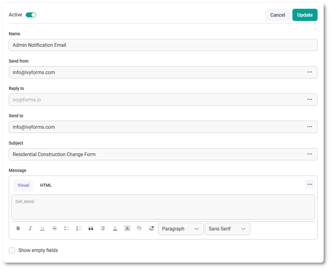IvyForms notification editor with send from, reply to, send to, subject, and message fields