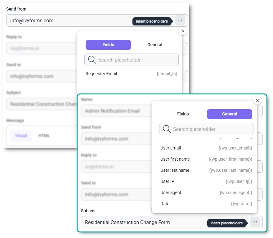 IvyForms placeholder selector with fields and general tabs