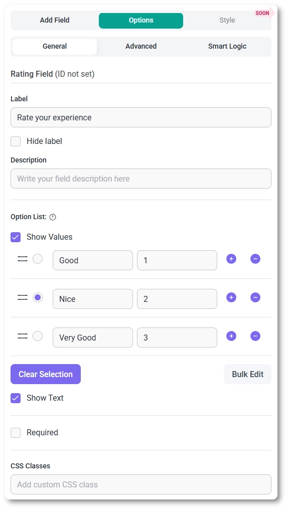 Rating field settings panel in IvyForms showing label, option list, and rating values.