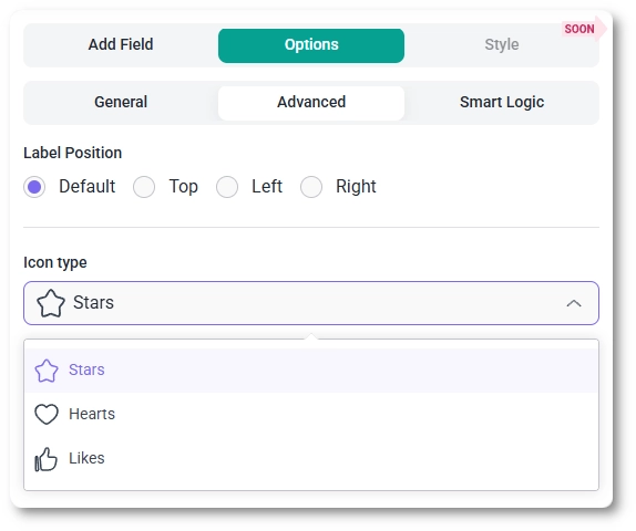 Advanced tab showing icon type dropdown with stars, hearts, and likes.