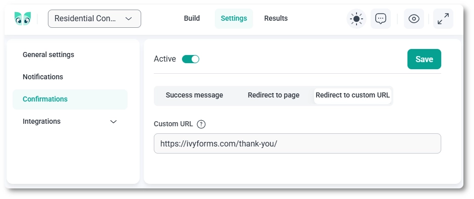 IvyForms redirect to custom URL input field