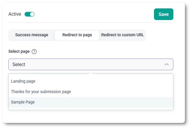 IvyForms redirect to page option with page selection dropdown