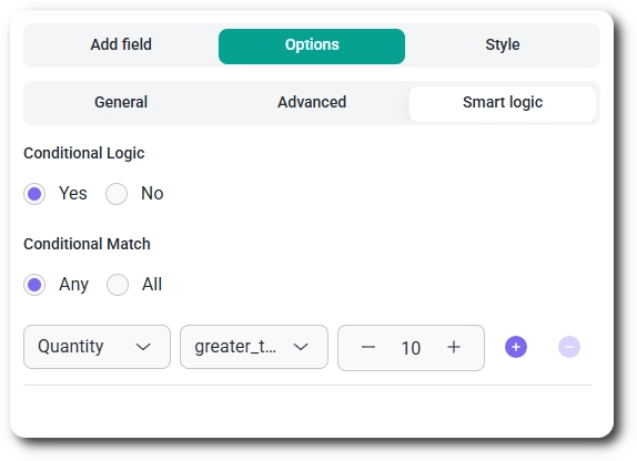 Smart logic rule using the Greater than operator on a Quantity field