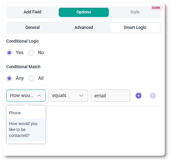 IvyForms Smart Logic tab showing conditional logic settings for a field