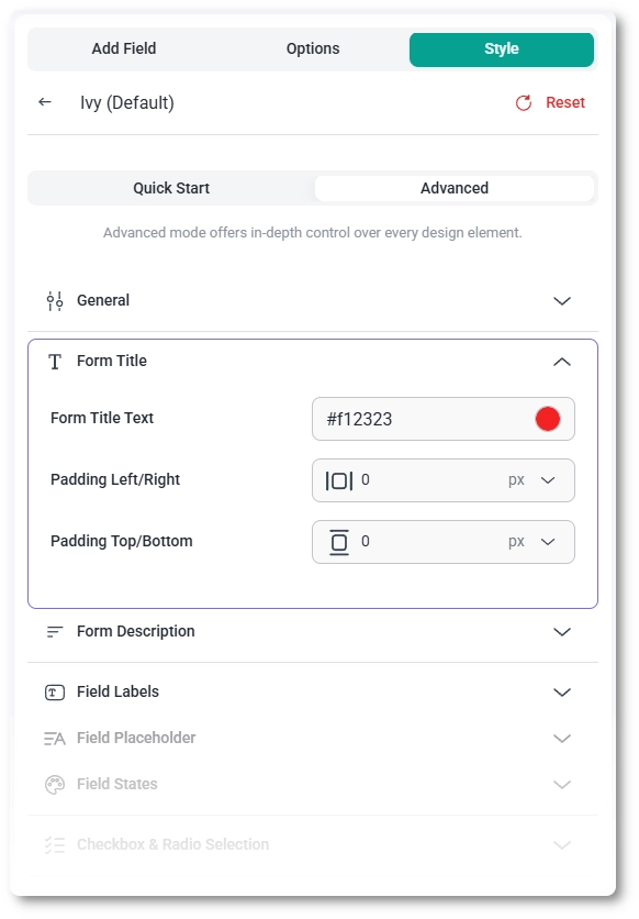 Advanced styling mode showing multiple configurable design sections.