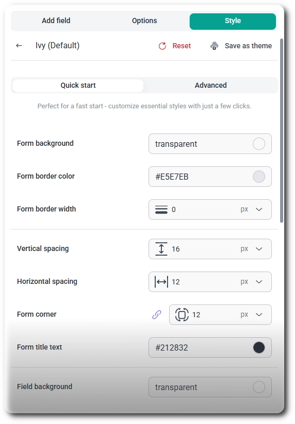 Style editor in IvyForms with Reset and Save as theme buttons in the header