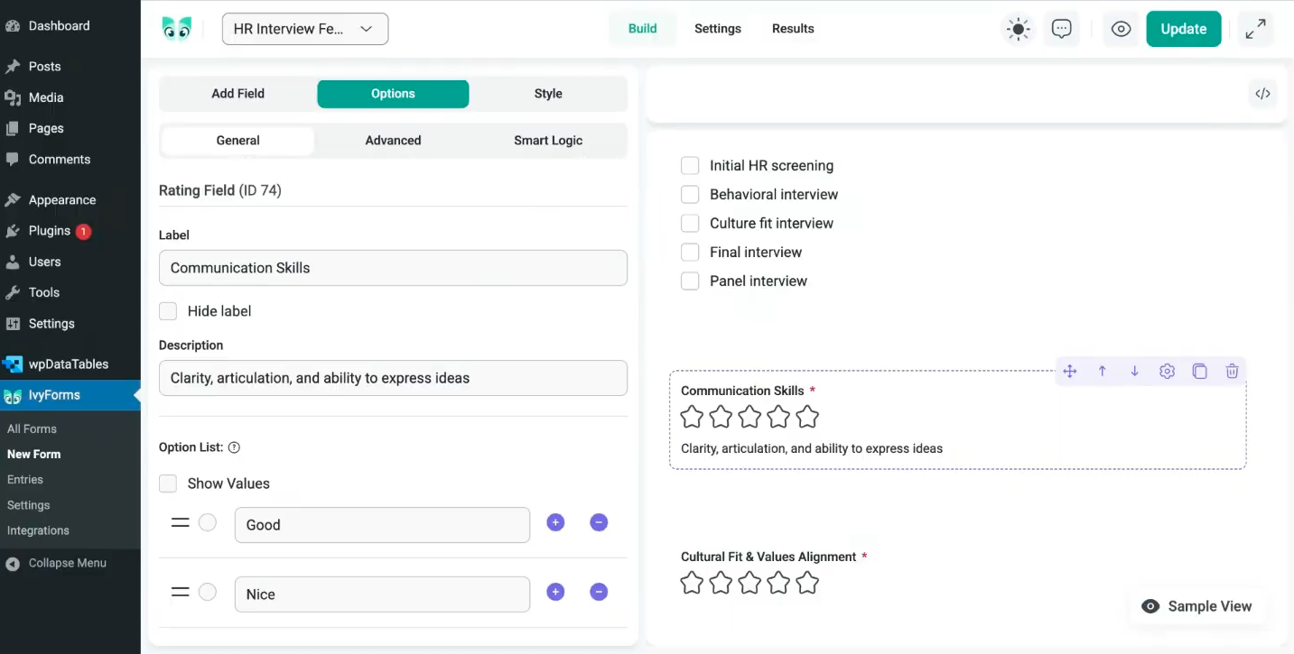 ivyforms rating fields