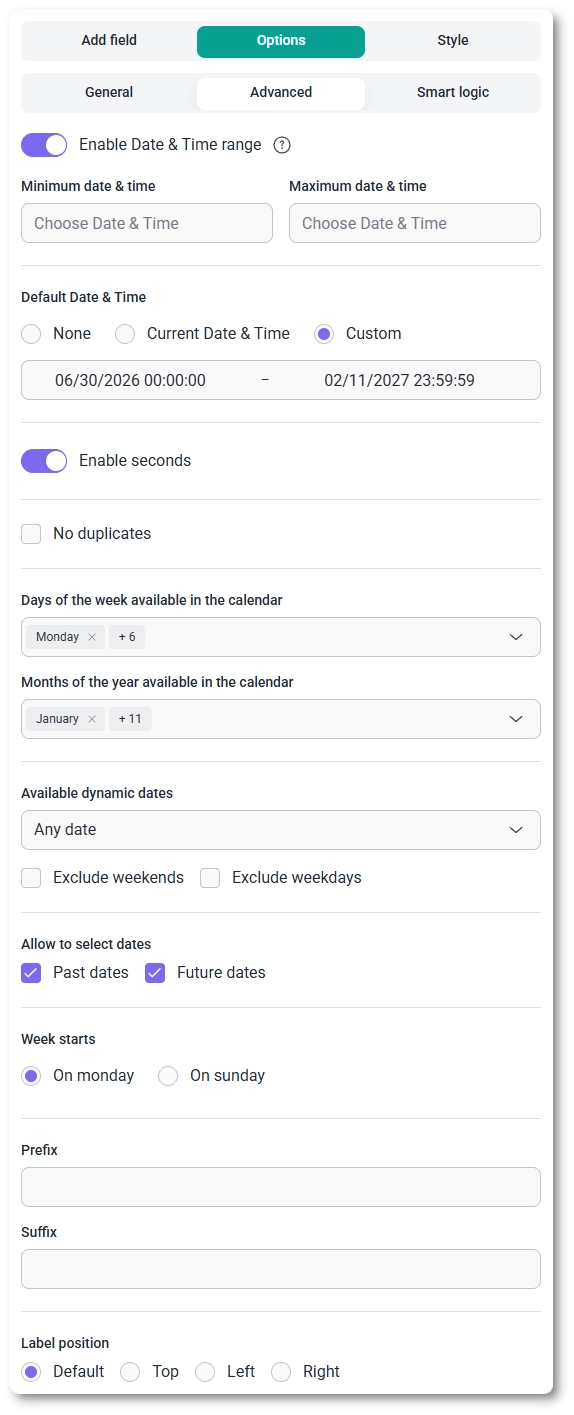 Advanced settings tab for the Date & Time picker showing range, default, and calendar availability options