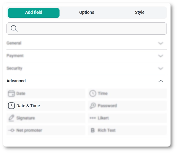 Advanced fields section in the IvyForms builder showing the Date & Time field