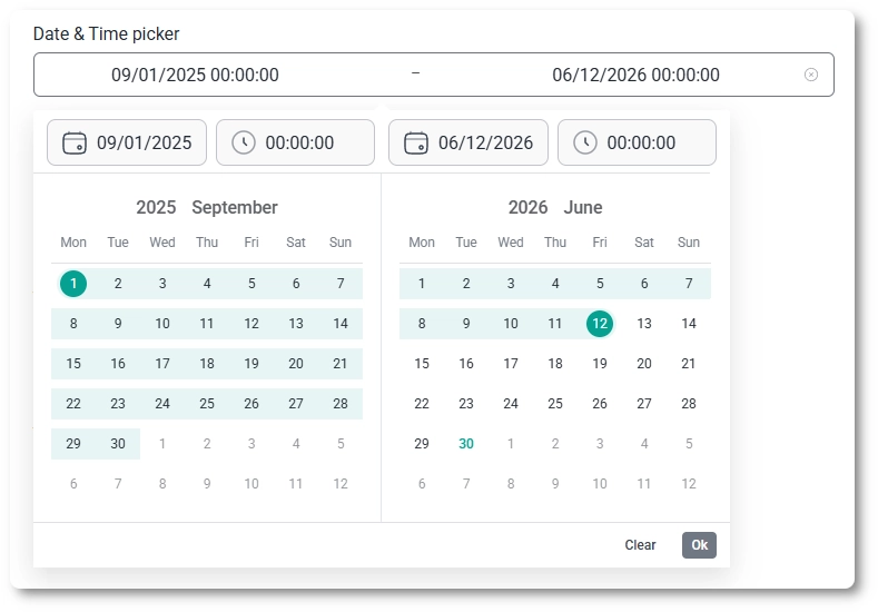 Date & Time picker on the front end showing the calendar and clock