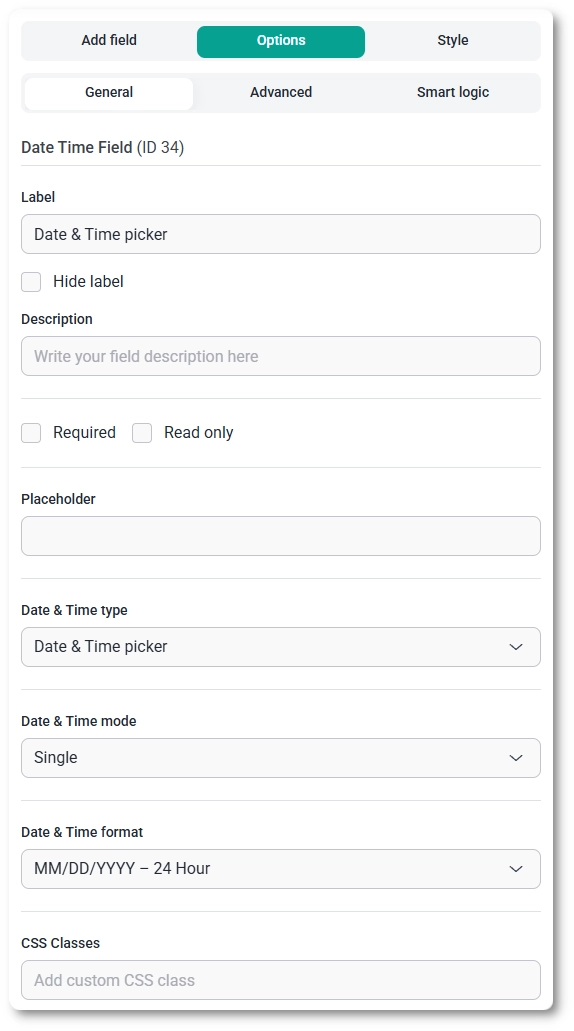 General settings tab for the Date & Time field in IvyForms