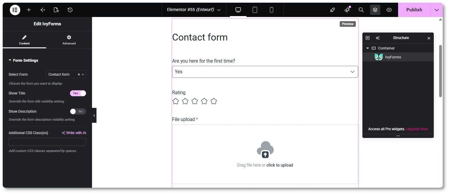 The IvyForms widget Form Settings in Elementor with a form selected