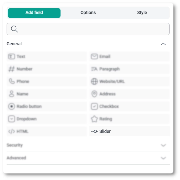 IvyForms field list with the Slider field highlighted