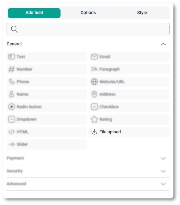 General fields section in the IvyForms builder showing the File upload field
