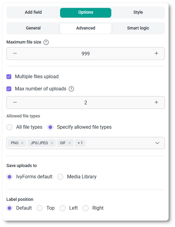 Advanced settings tab for the File upload field showing upload limits and storage options