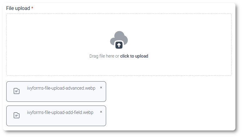Front-end File upload field in IvyForms showing the drag-and-drop area
